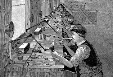 Löten von Fahrradteilen in einer amerikanischen Fabrik, um 1900