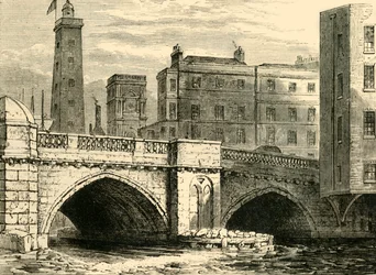 Südende der alten London Bridge, mit Schrotthochofen und St. Olaves Kirche, 1820, ca. 1878