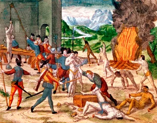Spanische Konquistadoren foltern amerikanische Indianer, 1539-1542