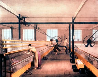 Baumwollspinnen mit selbsttätigen Maultieren des von Richard Roberts entwickelten Typs, um 1835