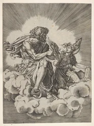 St. Matthäus, auf einer Wolke sitzend, mit gekreuzten Beinen und einem Federkiel in ein Tintenfass tauchend (nach 1518)