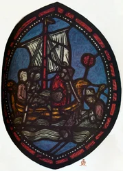 St. Nikolaus Fenster in der Jerusalem-Kammer der Westminster Abbey: Nikolaus und der falsche Pilger