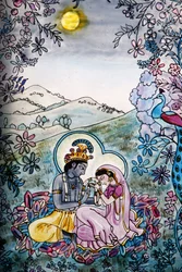 Buntglasfenster im Iskcon-Tempel: Krishna und Rada, London, Großbritannien