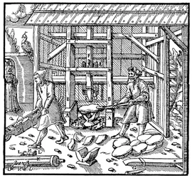 Pochwerk zum Zerkleinern von Kupfertreibscheiben zur weiteren Raffination, 1556