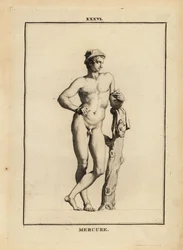 Statue des Merkur, römischer Gott des Handels und der Kommunikation, mit geflügeltem Hut Petasos und Ziegenhaut