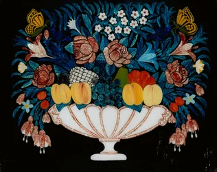 Stillleben - Blumen und Früchte in weißer und rosa Schale