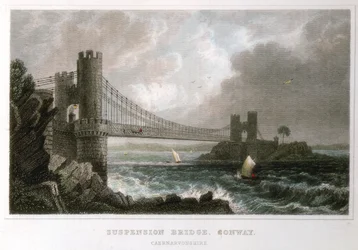 Hängebrücke über die Conwy-Mündung, Wales, um 1840