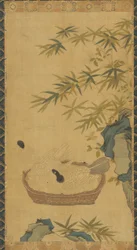 Wandteppich: Tauben baden in einer Schale, Felsen und Bambus, möglicherweise Ming-Dynastie, 1368-1644