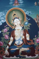 Thangka, die Göttin Weiße Tara darstellend, buddhistisches Symbol für langes Leben, Bhaktapur, Nepal