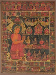 Thangka mit geschmücktem Buddha, der predigt, 1648