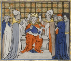 Die Salbung und Krönung von Ludwig IV. in Laon, 19. Juni 936. Aus Grandes Chroniques de France