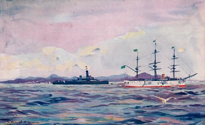 Der Ausbildungskreuzer Benjamin Constant und das Schlachtschiff Minas Geraes im Hafen von Rio, 1914