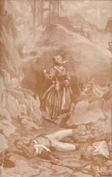 Die Marketenderin des 26. Regiments erklimmt die Felsen bei Busaco, 1810, 1896