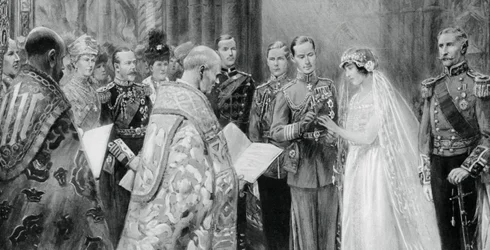 Der Herzog von York steckt Lady Elizabeth Bowes-Lyon den Ring an den Finger, 26. April 1923, 1937