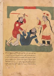Der Ehemann schlägt den Liebhaber seiner Frau, Folio aus einem Kalila wa Dimna, 18. Jahrhundert