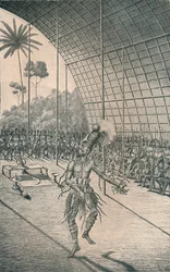 Der Mangbattu-König Munsa tanzt vor seinen Frauen und Kriegern, ca. 1870, 1903