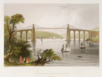 Die Menai-Brücke, Bangor Nordwales, ca. 1826-ca. 1850