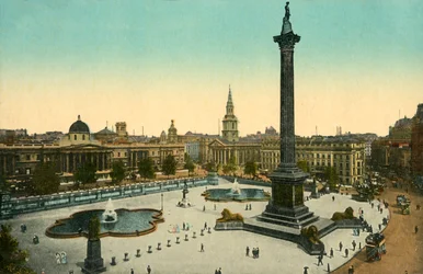 Die Nationalgalerie und die Nelsonsäule, Trafalgar Square, London, um 1910