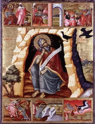 Der Prophet Elija in der Wüste mit Szenen aus seinem Leben