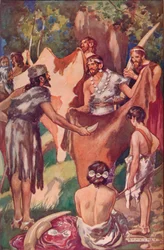 Die Anfänge des Handels: primitive Menschen tauschen Elfenbeinstoßzähne und Stierhäute, 1907