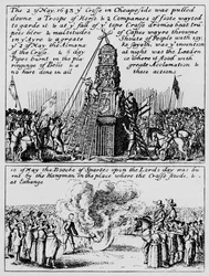Die Zerstörung des Cheapside-Kreuzes und das Verbrennen des Buches der Sportarten, Mai 1643