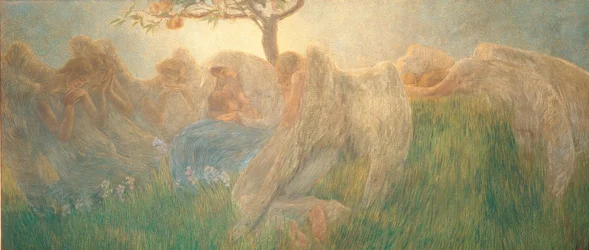 Die Mutter mit einem Schleier auf grünem Gras mit Blumen und Bäumen umarmt den Sohn während des Stillens
