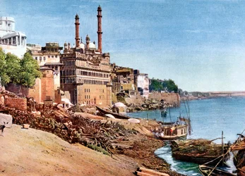 Der Fluss Ganges und die Verbrennungsghats in Benares Varanasi, Indien, frühes 20. Jahrhundert