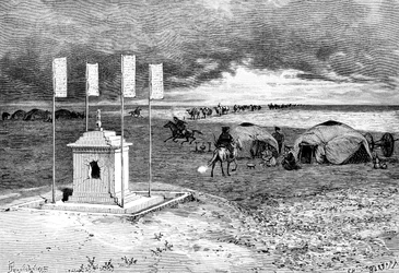 Das Grab eines Lamas und ein Lager, Mongolische Wüste, ca. 1890
