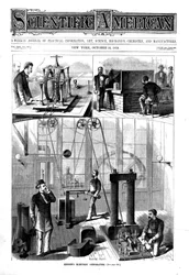 Thomas Edisons Generator für elektrisches Licht in seinem Haus in Menlo Park, New Jersey, USA, 1879