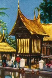 Traditionelle strohgedeckte Reisscheune, Padang, Sumatra, ca. 1928