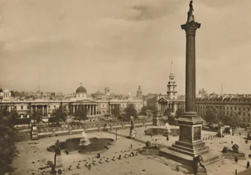 Trafalgar Square. Wo einst die Falken des Königs und die königlichen Pferde gehalten wurden, um 1935