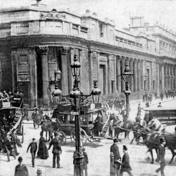 Verkehr vor der Bank of England, London, spätes 19. Jahrhundert