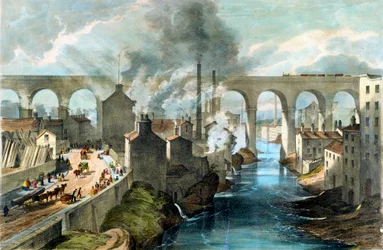 Zug überquert das Stockport-Viadukt auf der London & North Western Railway, ca. 1845