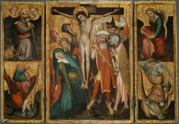 Triptychon der Kreuzigung mit den Heiligen Antonius, Christophorus, Jakobus und Georg, um 1400