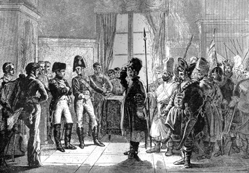 Zar Alexander I. präsentiert russische Truppen Napoleon, 8. Juli 1807
