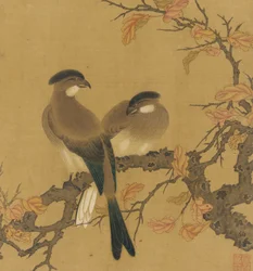 Zwei Haubenvögel auf einem Ast, Herbstblätter, Qing-Dynastie, 18. Jahrhundert