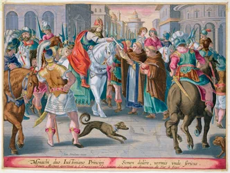 Zwei Mönche präsentieren dem byzantinischen Kaiser Justinian aus China geschmuggelte Seidenraupen, 6. Jahrhundert