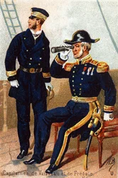 U: Kapitän Schiffe und Fregatte. Gravur in "Militäralphabet". Initialen des Illustrators: A. D. Unbekannter Herausgeber. Chromolithographien Ende des 19. Jahrhunderts. Dim: 10,5x7cm