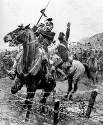 Ulanen durch Stacheldraht bei Lüttich, Belgien, Erster Weltkrieg, 1914