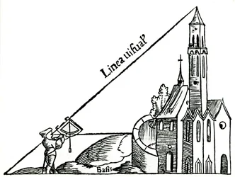 Verwendung eines Quadranten mit einem Senklot zur Berechnung der Höhe eines Turms durch Triangulation, 1551