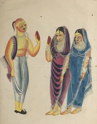 Vaishnava-Anhänger mit zwei Frauen, 1800er Jahre