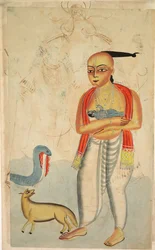 Vasudeva, Krishnas Vater, flieht mit Krishna und begegnet einer Kobra und einem Schakal, 1800er Jahre