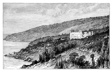 Ansicht auf die Krim: der Woronzow-Palast, Alupka, Ukraine, ca. 1888