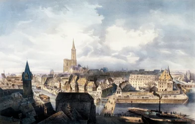 Ansicht von Straßburg (Frankreich) vom Turm Saint Guillaume. Lithographie in Farben.