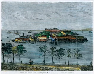 Ansicht der Insel der Schlangen, in der Bucht von Rio de Janeiro, Brasilien, ca. 1880