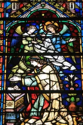 Jungfrau Maria. Details. Krönung der Jungfrau. Glasfenster von Franz Mayer aus München, 1884. Kapelle Notre-Dame-de-la-Ronde. Kathedrale Saint-Étienne in Metz, Metz, Frankreich