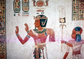 Wandmalerei von Ramses III., der den verstorbenen Sohn zu den Göttern führt, Tal der Königinnen, Ägypten, ca. 12. Jahrhundert v. Chr.