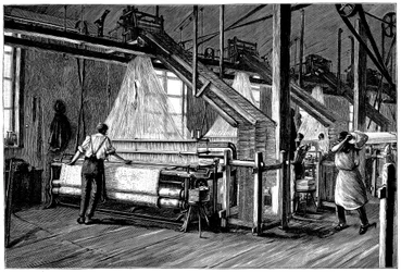Weberei mit Jacquard-Webstühlen, ca. 1880