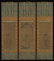 Weißgekleideter Guanyin mit Hanshan und Shide, 14. Jahrhundert