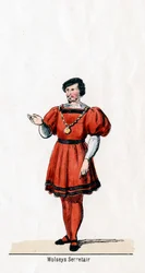 Wolseys Sekretär, Kostümentwurf für Shakespeares Stück, Heinrich VIII, 19. Jahrhundert